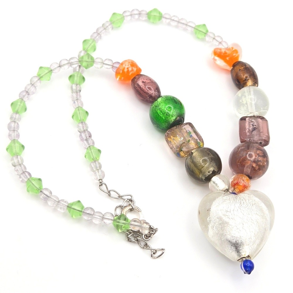 Dichroic Art Glass Foil Beaded Necklace with Heart Pendant Colorful Handmade